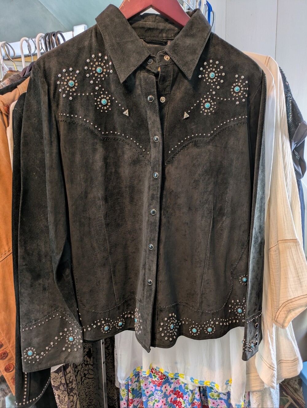 Scully Black Suede Studded Western Shirt with Turquoise and SilverAccents XXL